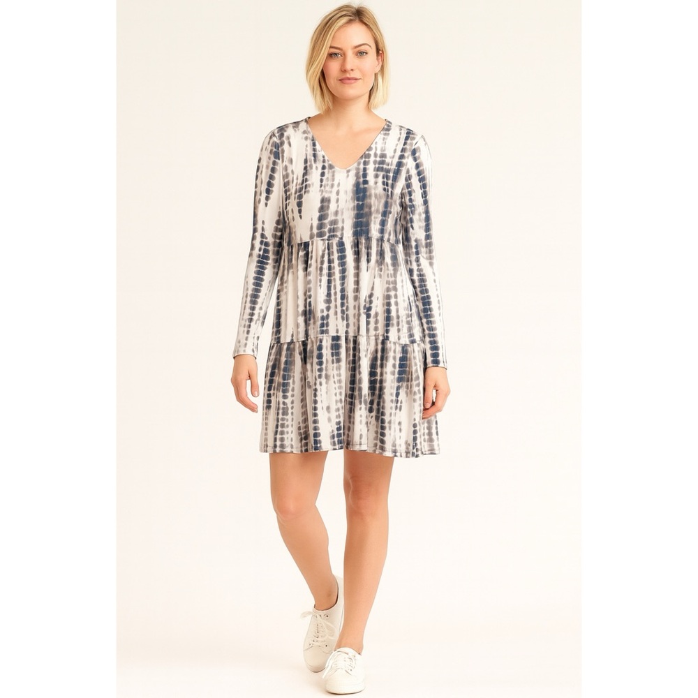Paisley Grace Dress Tunic Navy White Tie Dye Tiered V Neck Long Sleeves, Size M